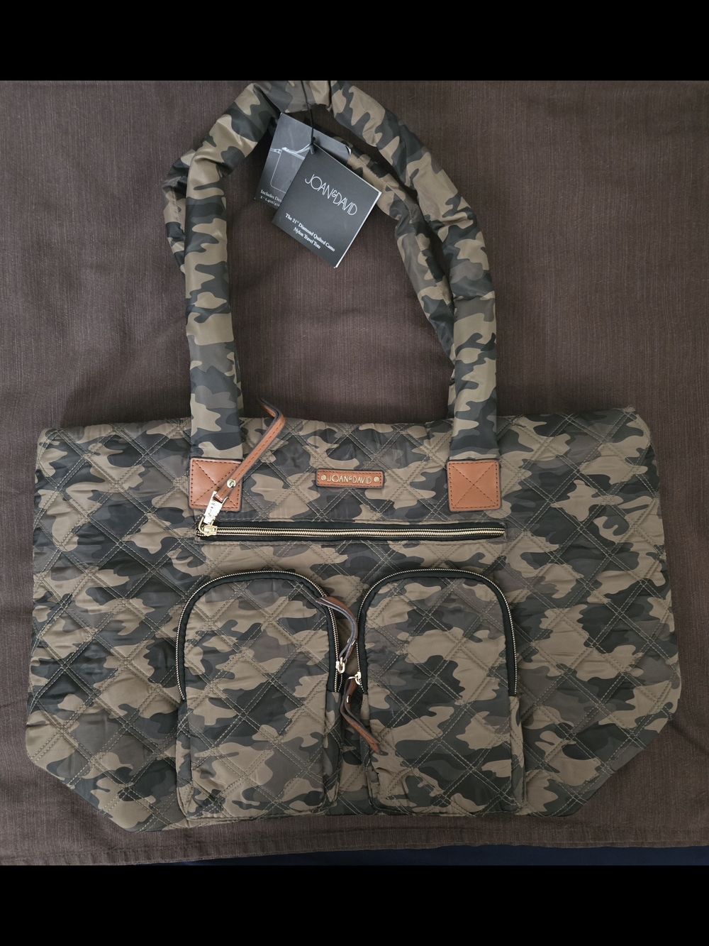 Joan & David Bag Quilted Camo Nylon Duffle Bag Travel/Overnight w Pouch **NWT**